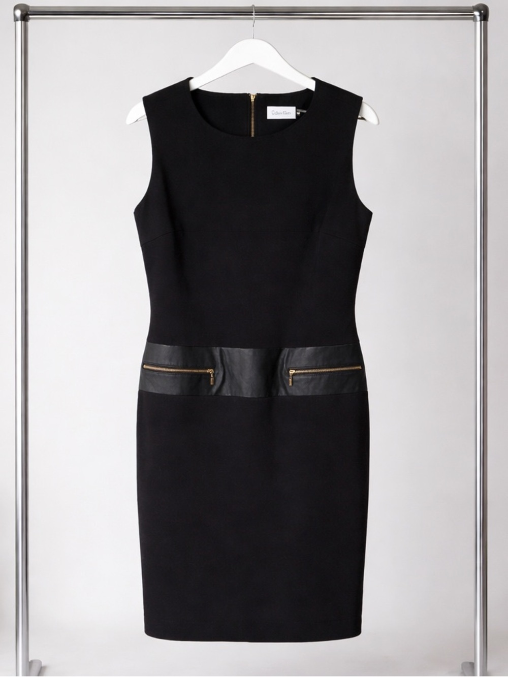 Calvin Klein Black Sleeveless Dress with Leather Waist Trim & pockets